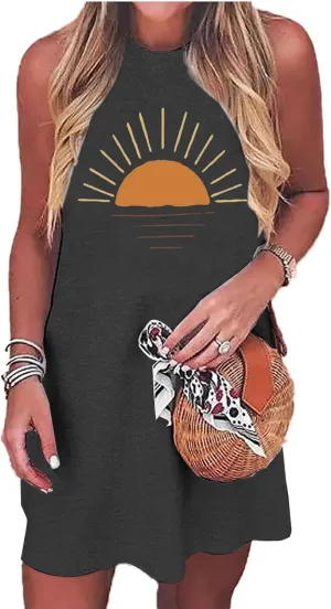 Womens Sundress Summer Sun Graphic Mini Tank Dress Sleeveless Beach Dresses Short Casual Sun Dresses