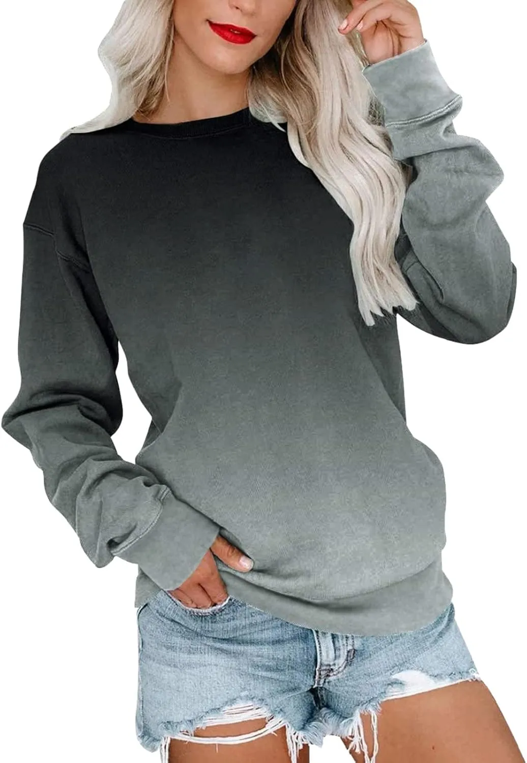 Womens Sweatshirts Crewneck Loose Fitting Tops Long Sleeve Color Block Casual Lightweight Shirts Pullover Blouses