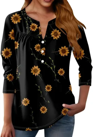 Womens T Shirts 3/4 Length Sleeve Tops Dressy Casual Blouses Spring Summer Outfits Flowy Pleated Front Scooped Neck