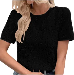 Womens T Shirts Fashion Glitter Sequin Short Sleeve Summer Shirt Casual Crewneck Loose Pullover Sparkly Tunic Tops