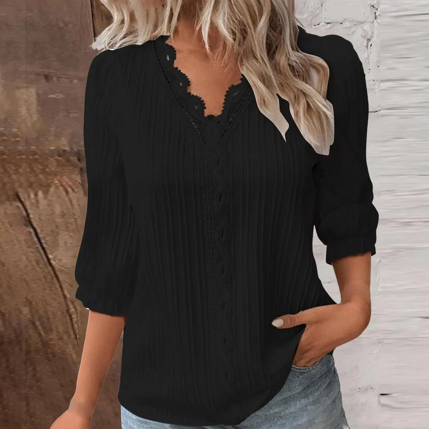 Womens Tops 2025 Trendy Lace Hollow Short Sleeve Shirt Casual Dressy Blouse Solid V Neck Summer Going Out T Shirts