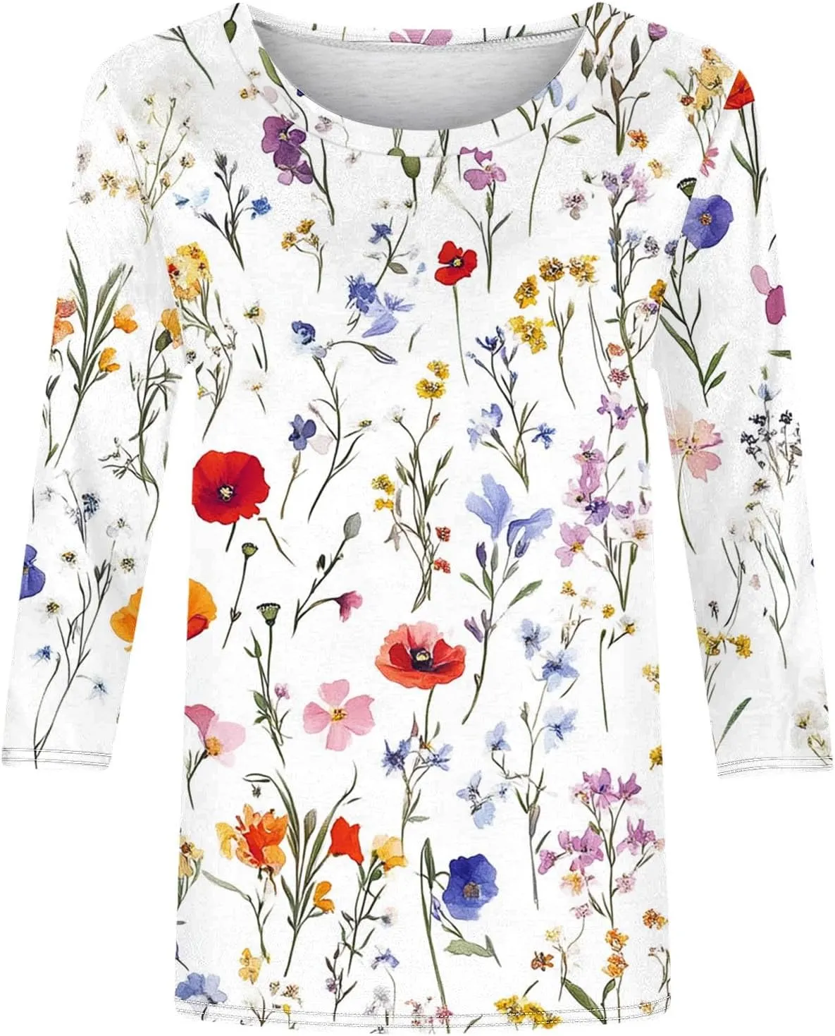 Womens Tops 3/4 Sleeve Shirts Round Neck Cute Tunic Tops Basic Tees Loose Casual Floral Blouses Business Work Tee Top