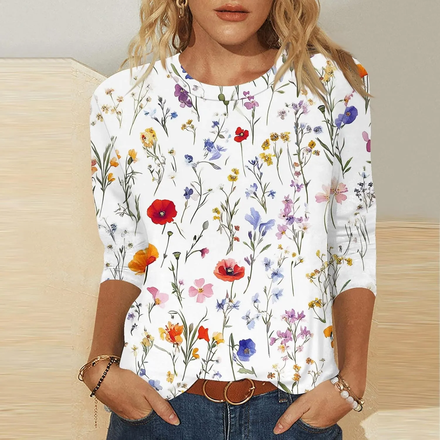 Womens Tops 3/4 Sleeve Shirts Round Neck Cute Tunic Tops Basic Tees Loose Casual Floral Blouses Business Work Tee Top