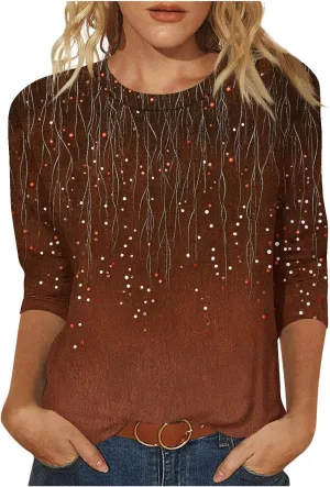 Womens Tops 3/4 Sleeve Shirts Round Neck Cute Tunic Tops Basic Tees Loose Casual Floral Blouses Business Work Tee Top