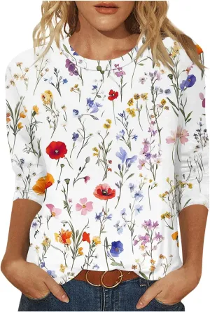 Womens Tops 3/4 Sleeve Shirts Round Neck Cute Tunic Tops Basic Tees Loose Casual Floral Blouses Business Work Tee Top