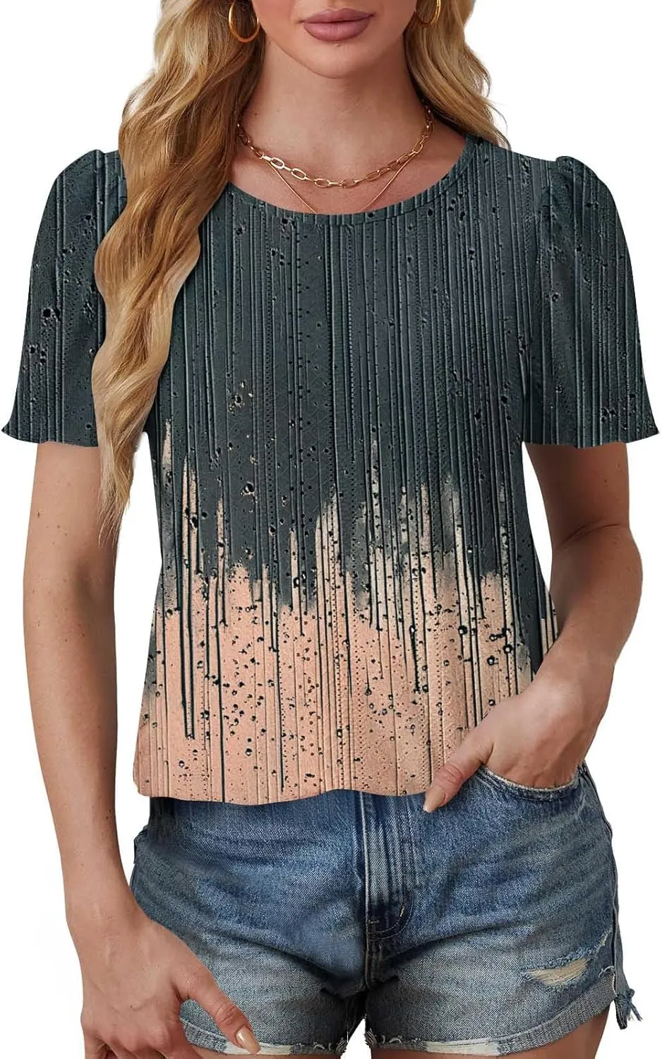 Womens Tops Eyelet Embroidery Scooped Neck Short Sleeve T Shirts Dressy Casual Summer Spring Cute Print Tees