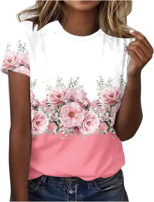 Womens Tops Short Sleeve Loose Fit Floral Print Crewneck Pullover Blouse Causal Graphic Tee Shirts Trendy Clothes