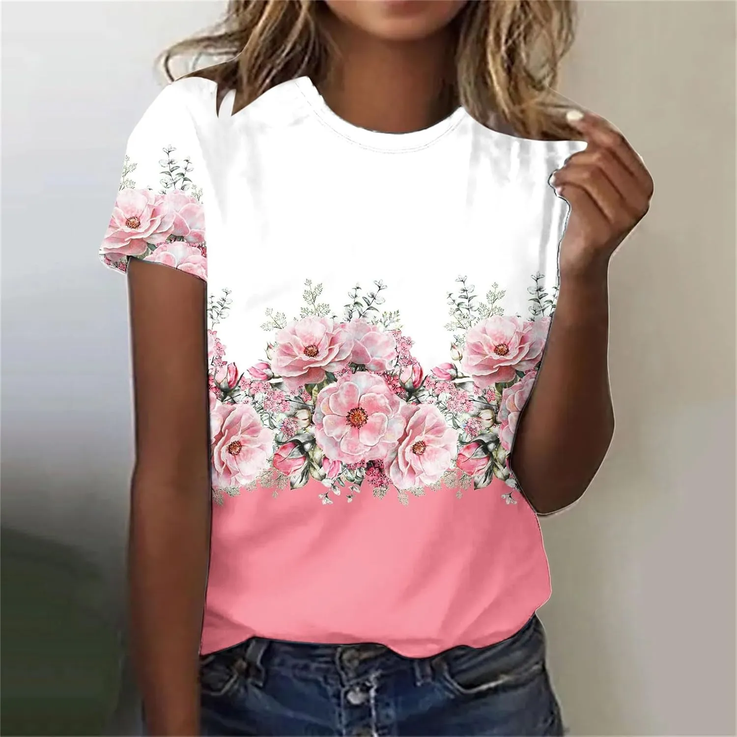 Womens Tops Short Sleeve Loose Fit Floral Print Crewneck Pullover Blouse Causal Graphic Tee Shirts Trendy Clothes