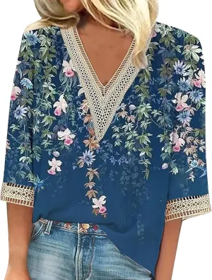 Womens Tops Summer Lace Crochet V Neck 3/4 Sleeve Shirts Vintage Floral Hollow Out Dressy Casual Blouse Sexy Tunic