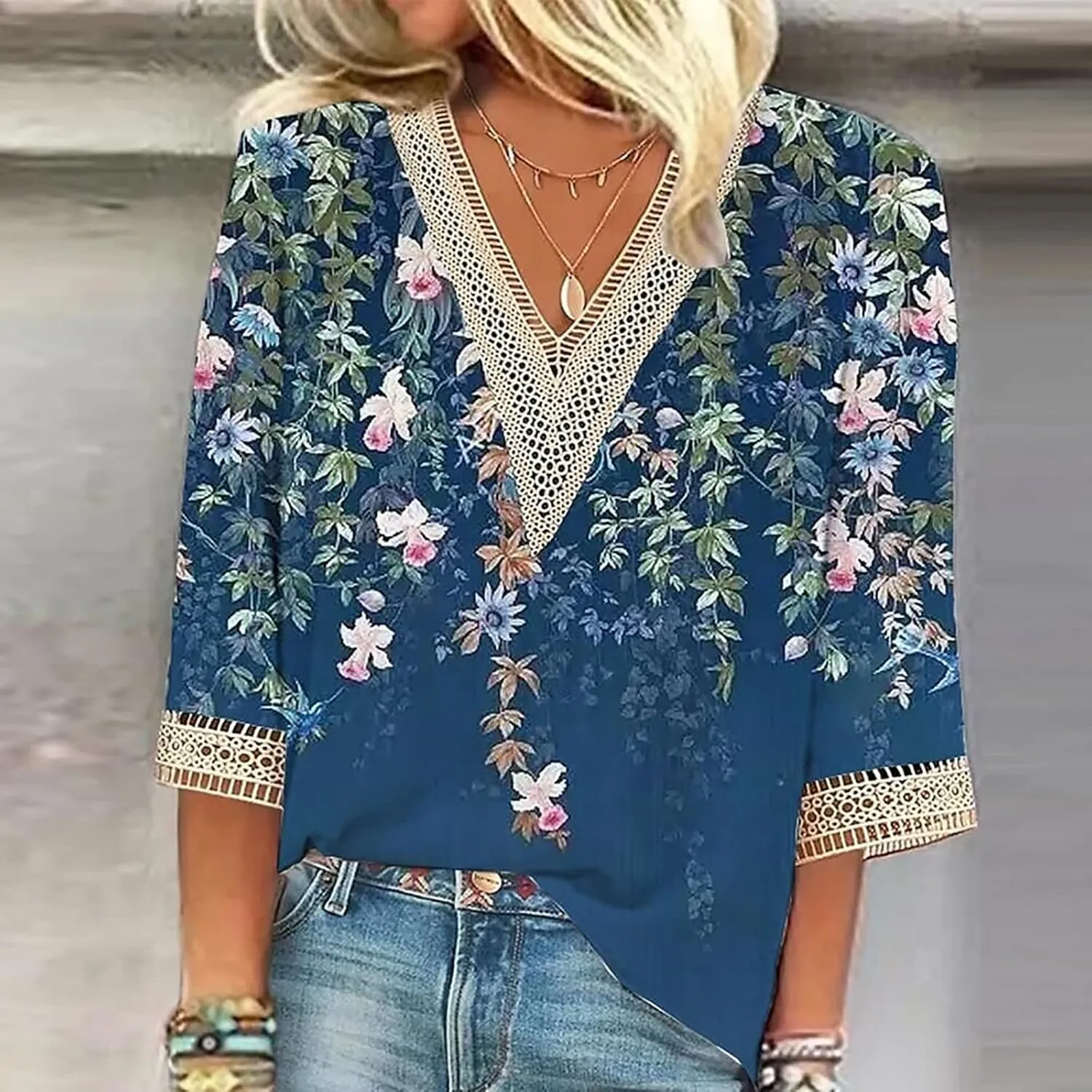 Womens Tops Summer Lace Crochet V Neck 3/4 Sleeve Shirts Vintage Floral Hollow Out Dressy Casual Blouse Sexy Tunic