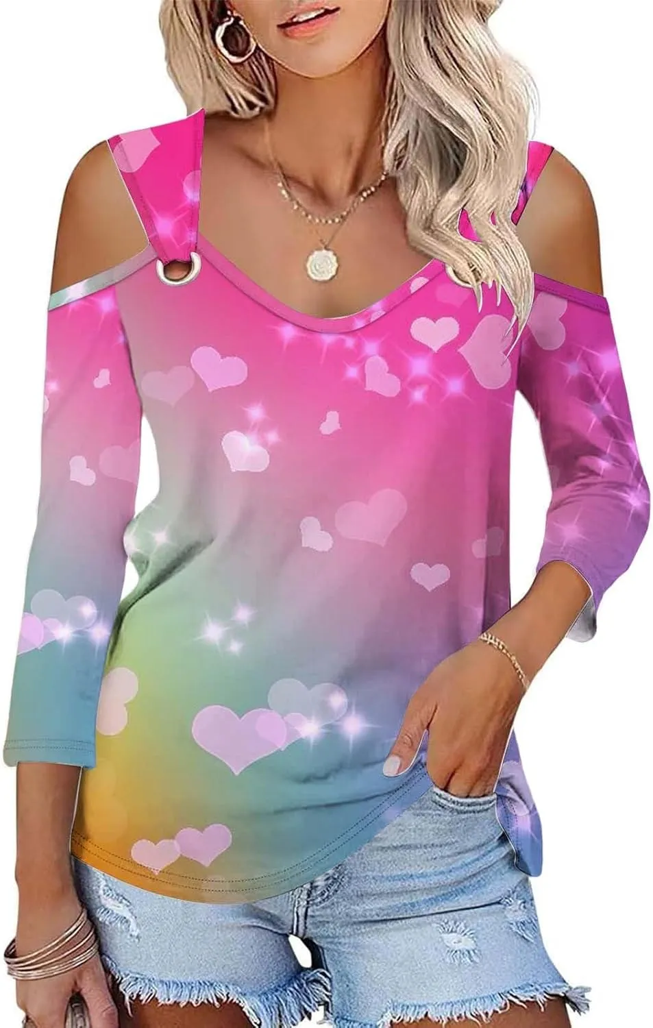 Women's Tops V Neck 3/4 Sleeve Shirts Casual Blouses Cold Shoulder Tops Basic Tees Floral Print Tshirts Spandex