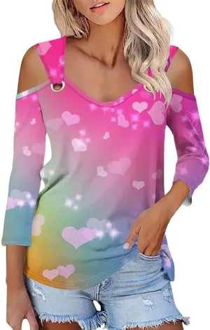 Women's Tops V Neck 3/4 Sleeve Shirts Casual Blouses Cold Shoulder Tops Basic Tees Floral Print Tshirts Spandex