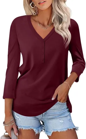 Women's V Neck 3/4 Sleeve Tops Solid Shirts Casual Summer Tees