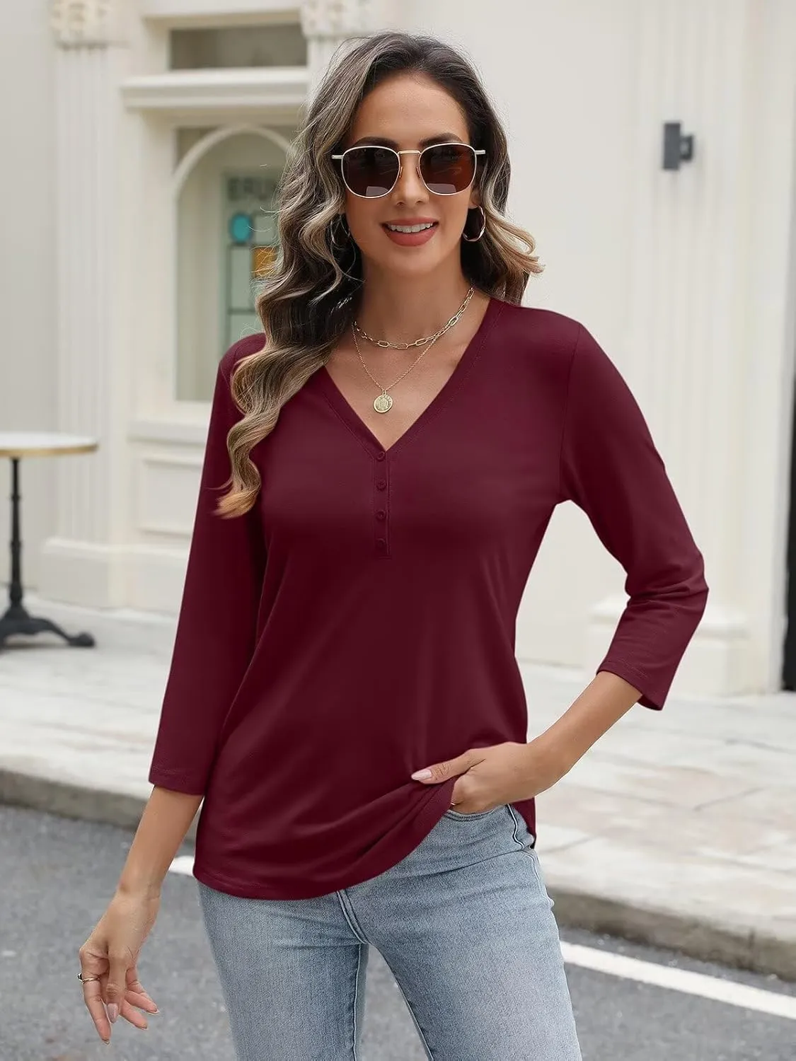 Women's V Neck 3/4 Sleeve Tops Solid Shirts Casual Summer Tees