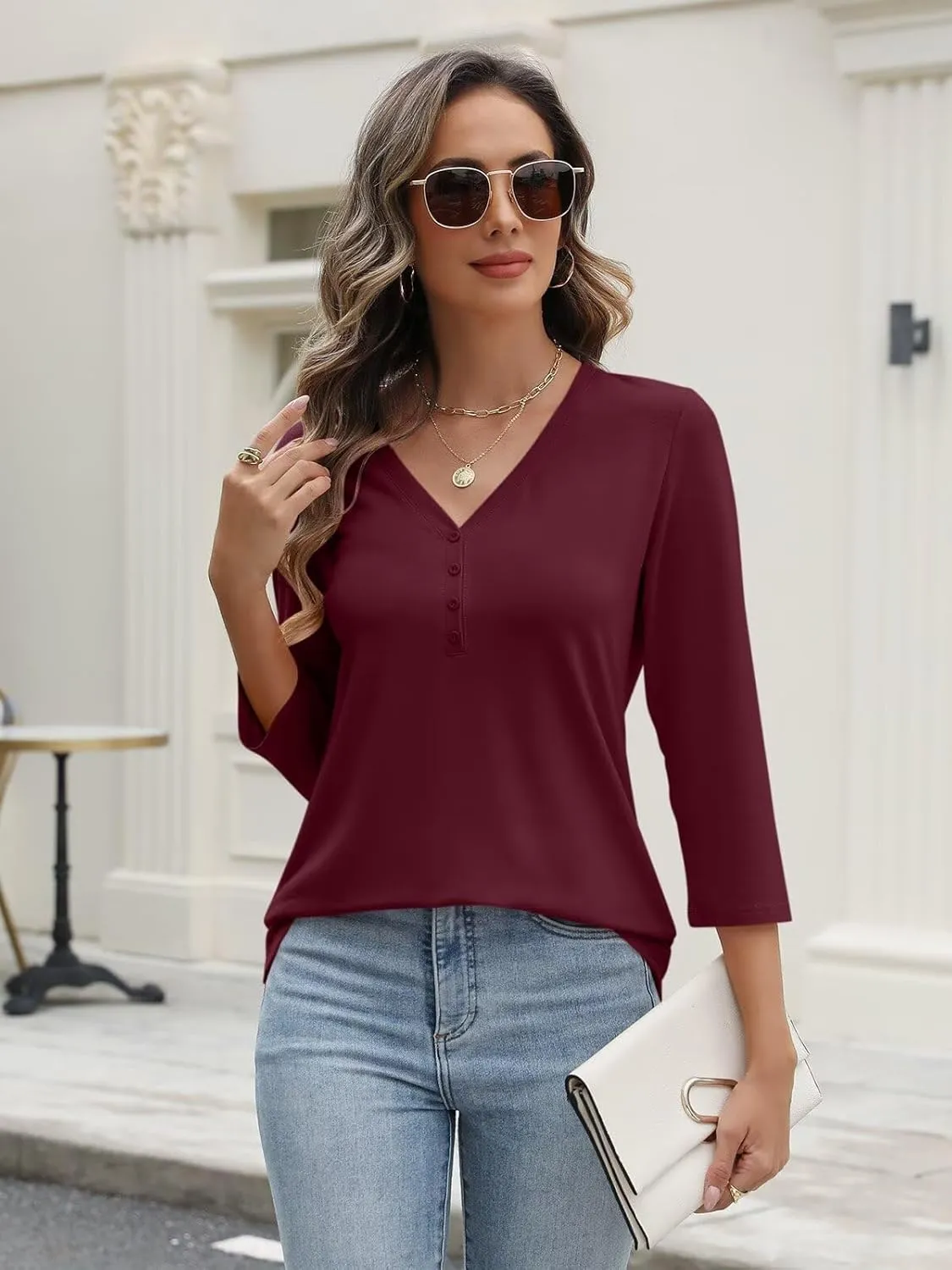 Women's V Neck 3/4 Sleeve Tops Solid Shirts Casual Summer Tees