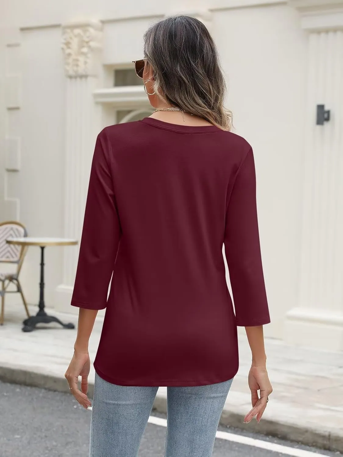 Women's V Neck 3/4 Sleeve Tops Solid Shirts Casual Summer Tees