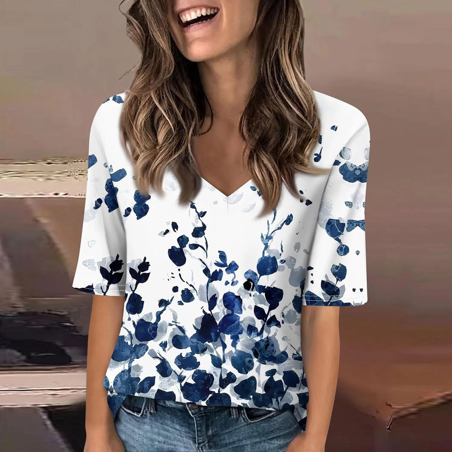 Women's V Neck T Shirts Casual Half Sleeve Tops Basic Summer Tees 2025 Dressy Casual Elbow Sleeve Blouse Trendy