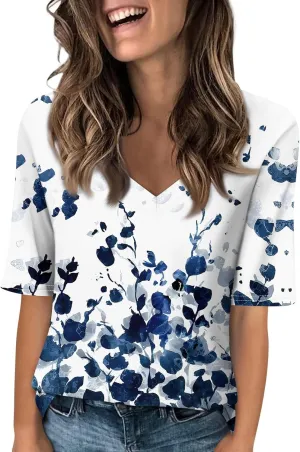 Women's V Neck T Shirts Casual Half Sleeve Tops Basic Summer Tees 2025 Dressy Casual Elbow Sleeve Blouse Trendy