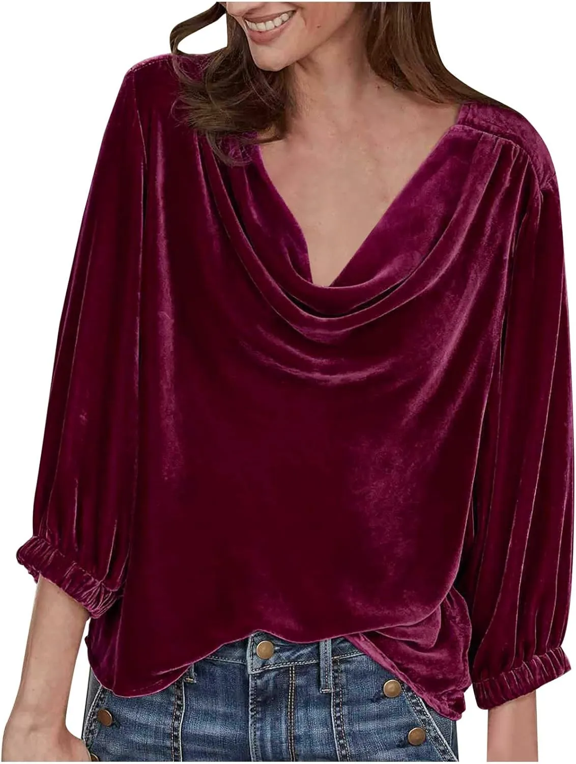 Women's Velvet T Shirts Casual 3/4 Sleeve Solid Shirt Cowl Neck Drape Ruched Front Long Sleeve Blouses Tops