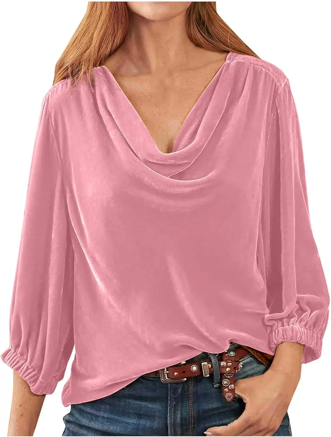 Women's Velvet T Shirts Casual 3/4 Sleeve Solid Shirt Cowl Neck Drape Ruched Front Long Sleeve Blouses Tops