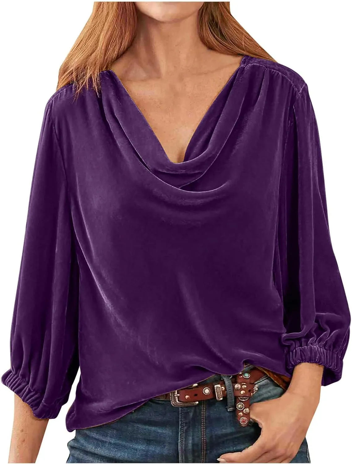 Women's Velvet T Shirts Casual 3/4 Sleeve Solid Shirt Cowl Neck Drape Ruched Front Long Sleeve Blouses Tops
