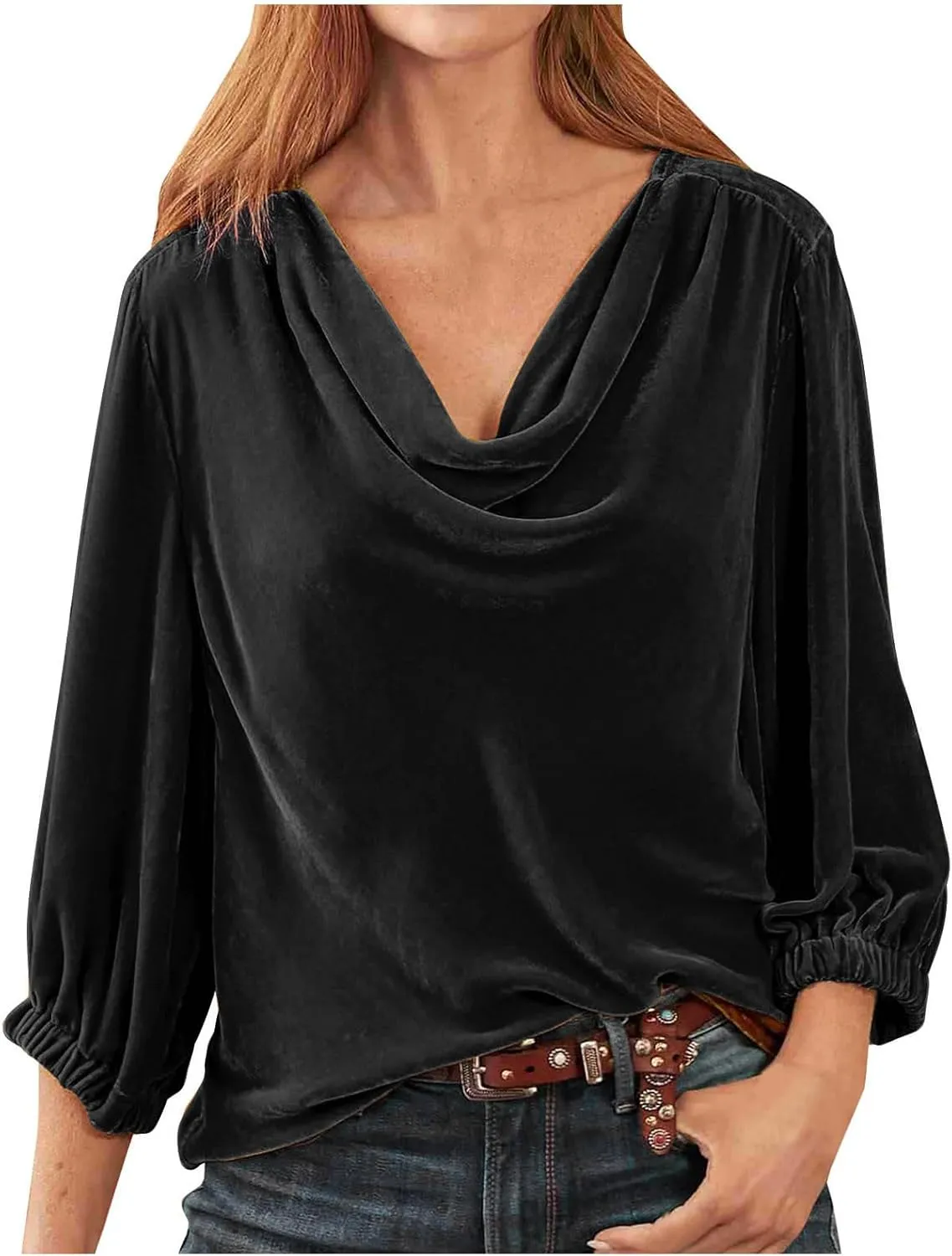 Women's Velvet T Shirts Casual 3/4 Sleeve Solid Shirt Cowl Neck Drape Ruched Front Long Sleeve Blouses Tops