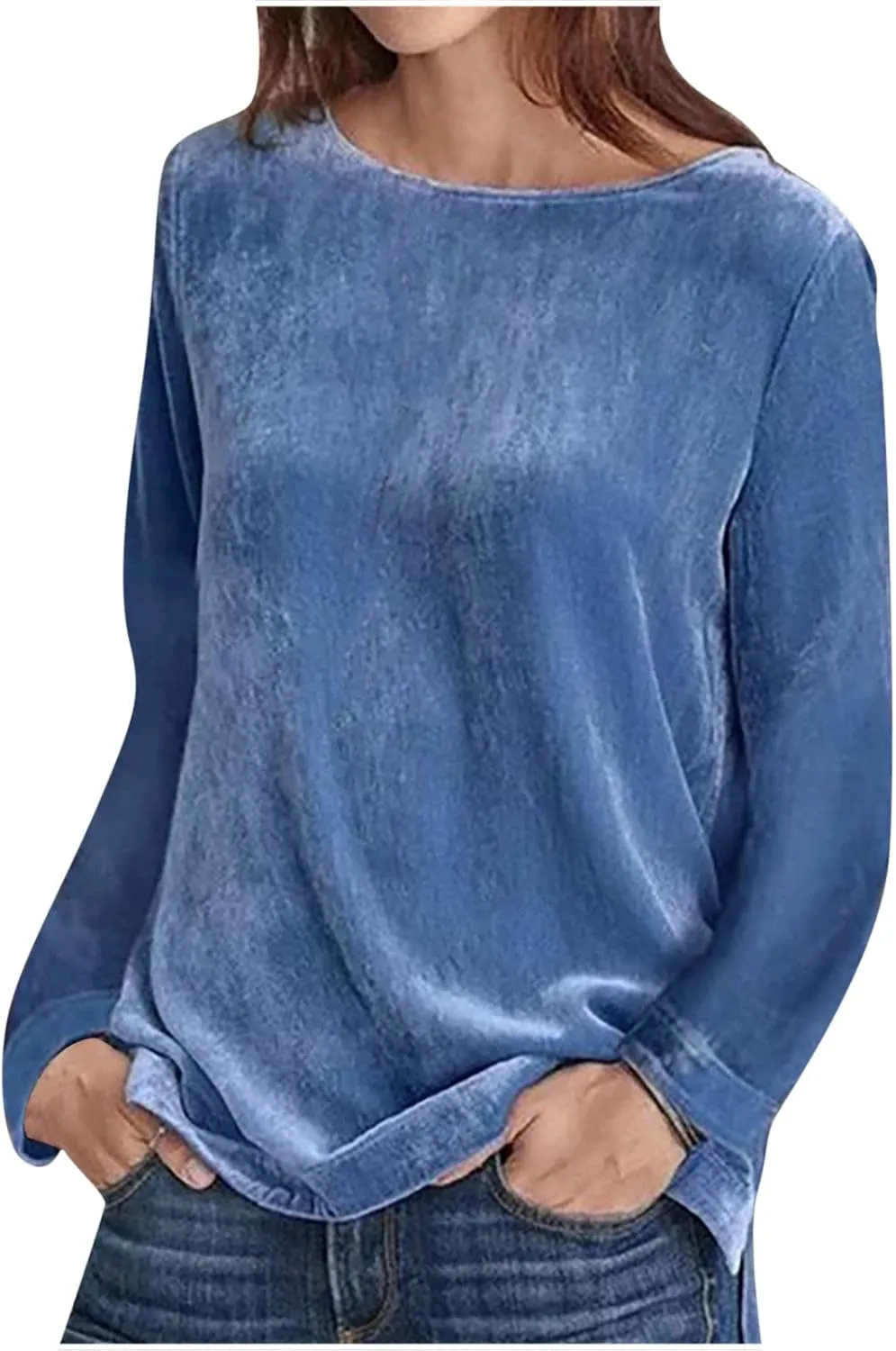 Women's Velvet T Shirts Casual 3/4 Sleeve Solid Shirt Cowl Neck Drape Ruched Front Long Sleeve Blouses Tops