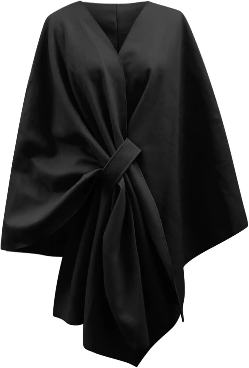 Womens Winter Loose Cape Jackets Solid Open Front Bow Knot Blanket Cloak Coat Fashion Casual Wool Poncho Copes