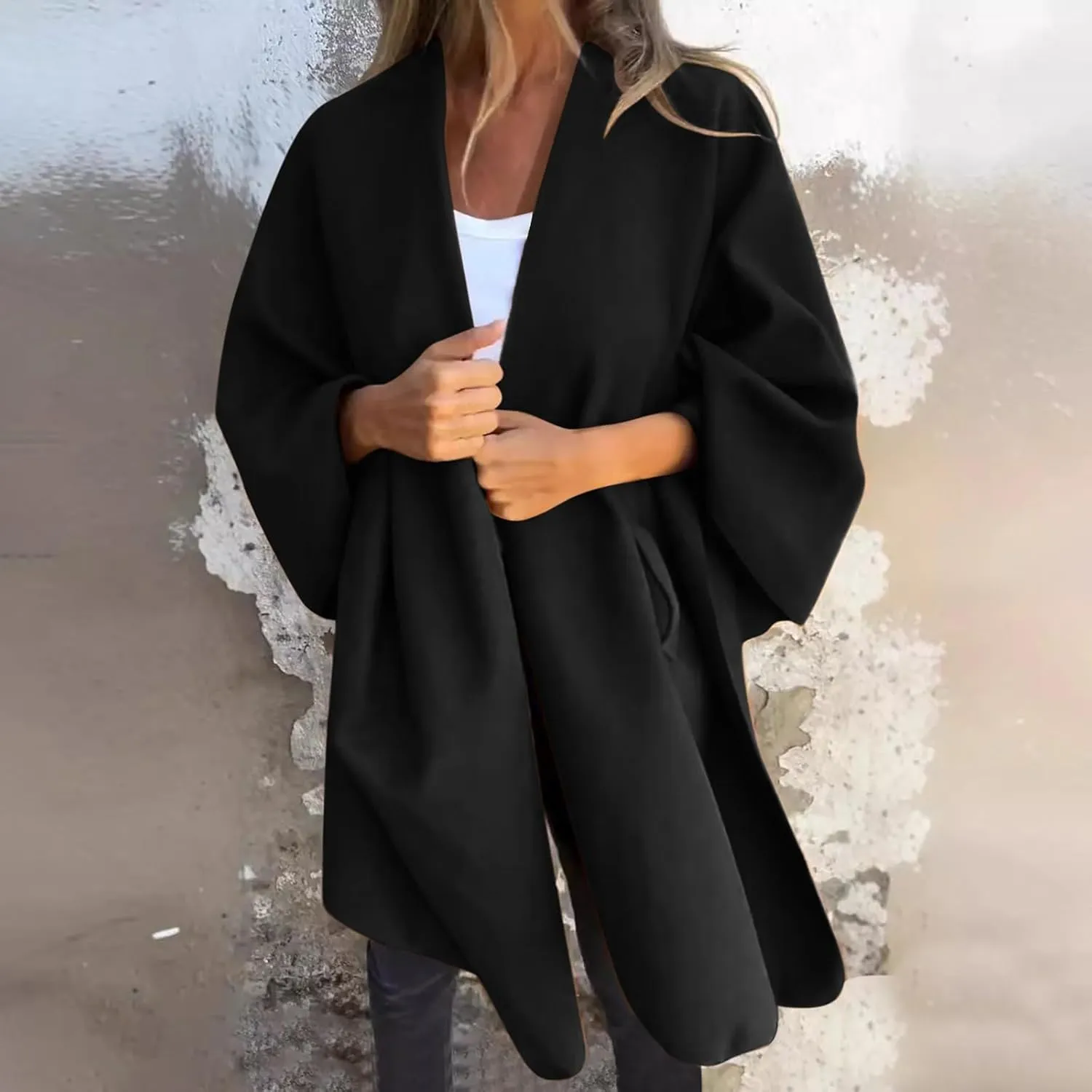 Womens Winter Loose Cape Jackets Solid Open Front Bow Knot Blanket Cloak Coat Fashion Casual Wool Poncho Copes