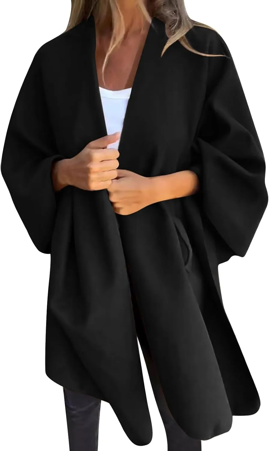 Womens Winter Loose Cape Jackets Solid Open Front Bow Knot Blanket Cloak Coat Fashion Casual Wool Poncho Copes