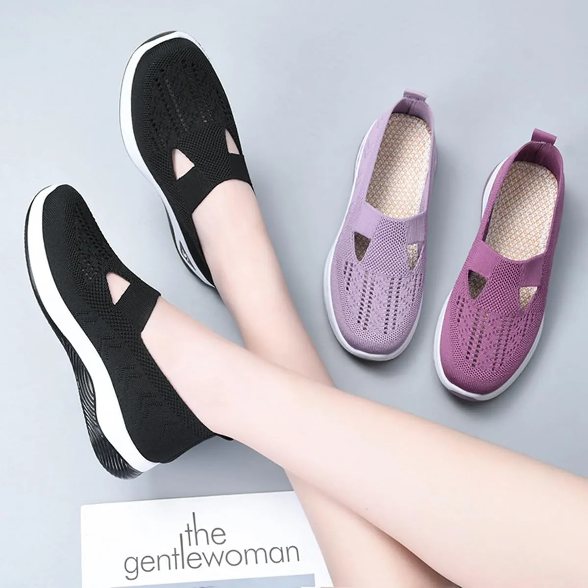 Women's Woven Orthopedic Breathable Soft Shoes, Go Walking Slip On Diabetic Foam Sneaker