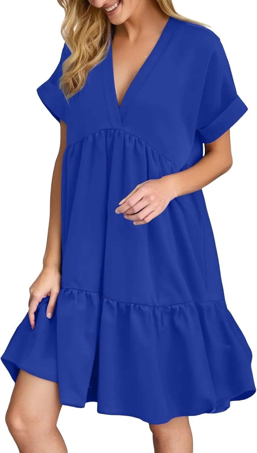 XOWRTE Womens Summer Dress V Neck Short Sleeve Ruffle Hem Tiered Flowy Swing Midi Dresses 2025 Trendy Smock Beach Sundress