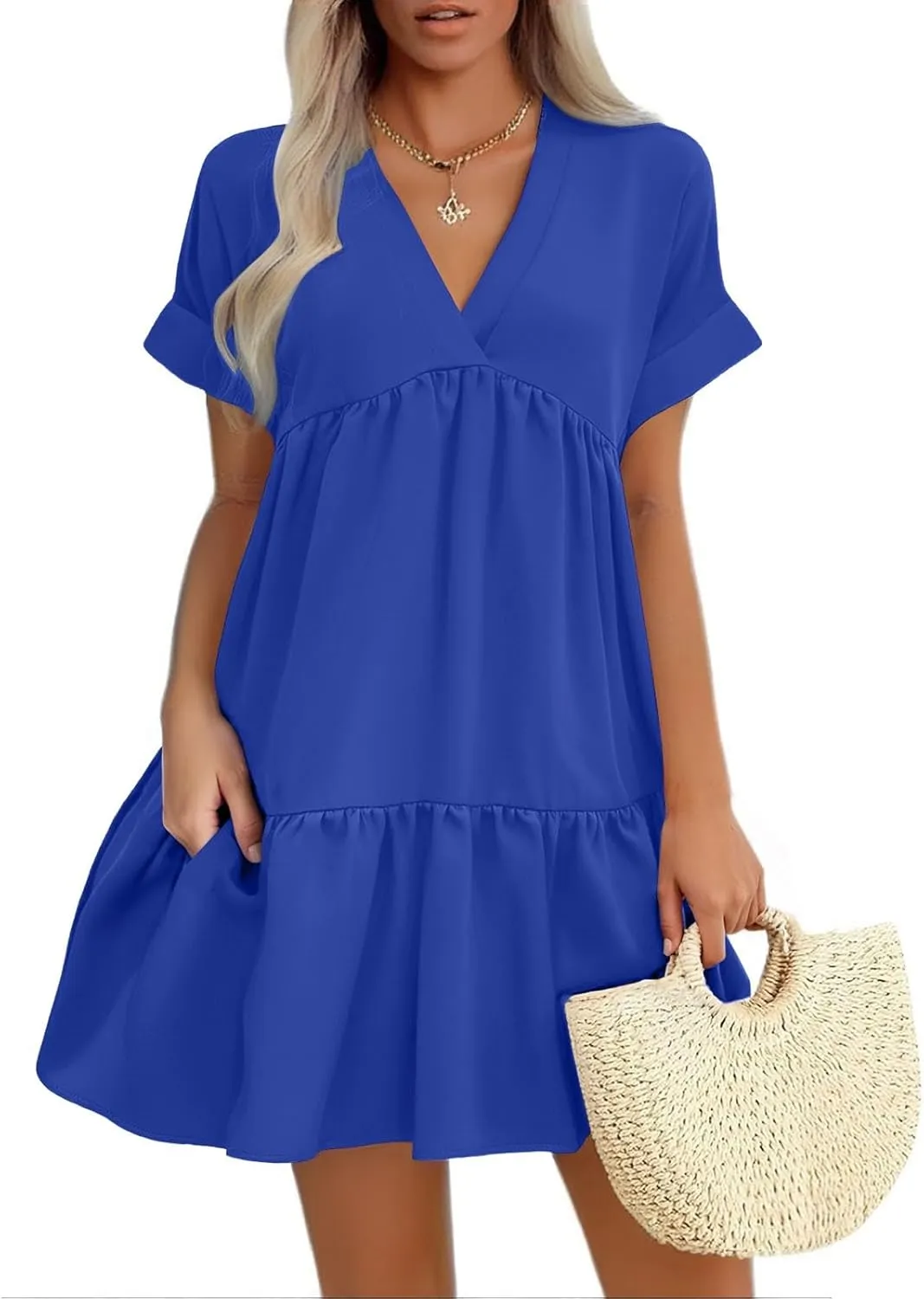 XOWRTE Womens Summer Dress V Neck Short Sleeve Ruffle Hem Tiered Flowy Swing Midi Dresses 2025 Trendy Smock Beach Sundress
