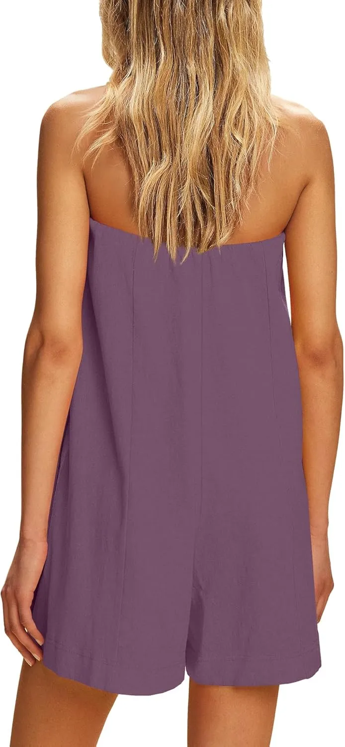 Yanekop Womens Summer Strapless Romper One Piece Short Jumpsuits Casual Sleeveless Beach Rompers with Pockets
