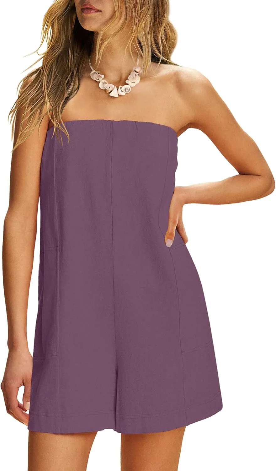 Yanekop Womens Summer Strapless Romper One Piece Short Jumpsuits Casual Sleeveless Beach Rompers with Pockets