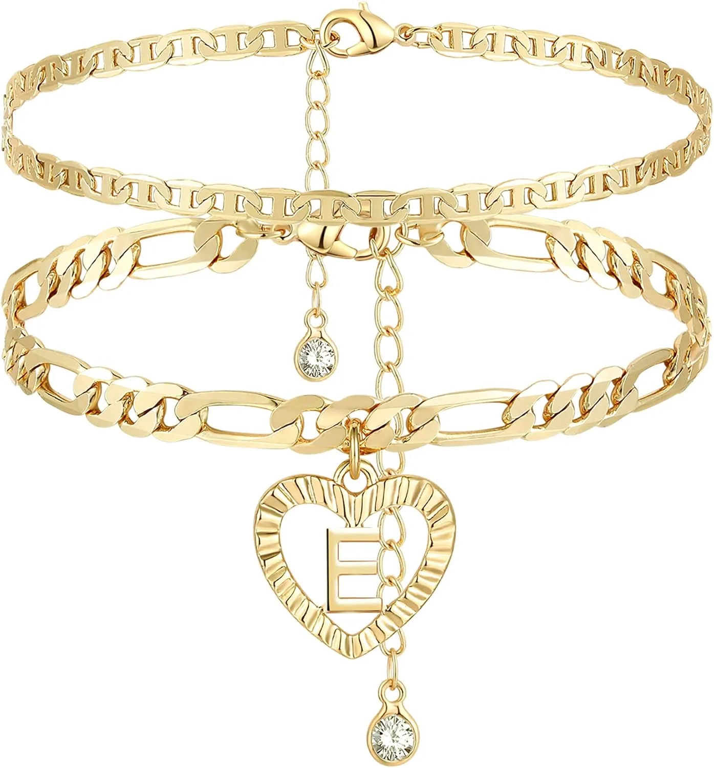 YANODA Initial Ankle Bracelets for Women 14K Gold Plated Layered Figaro Chain Letter Initial Anklets Handmade Layered Heart Ankle Bracelets Personalized Jewelry for Women