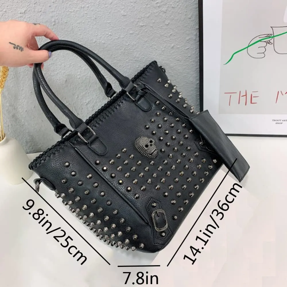 YAQUNICER Skull Tote Purse Shoulder Handbags for Women Punk Rivet Top-handle Satchel PU Leather Crossbody Bag