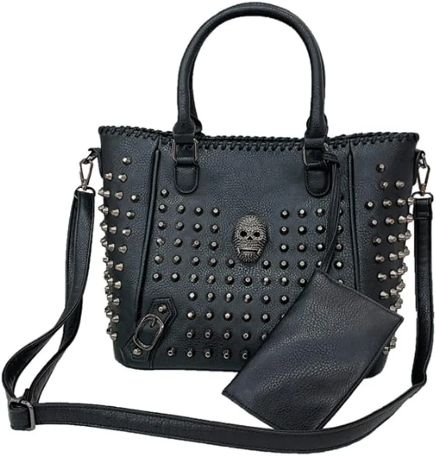 YAQUNICER Skull Tote Purse Shoulder Handbags for Women Punk Rivet Top-handle Satchel PU Leather Crossbody Bag