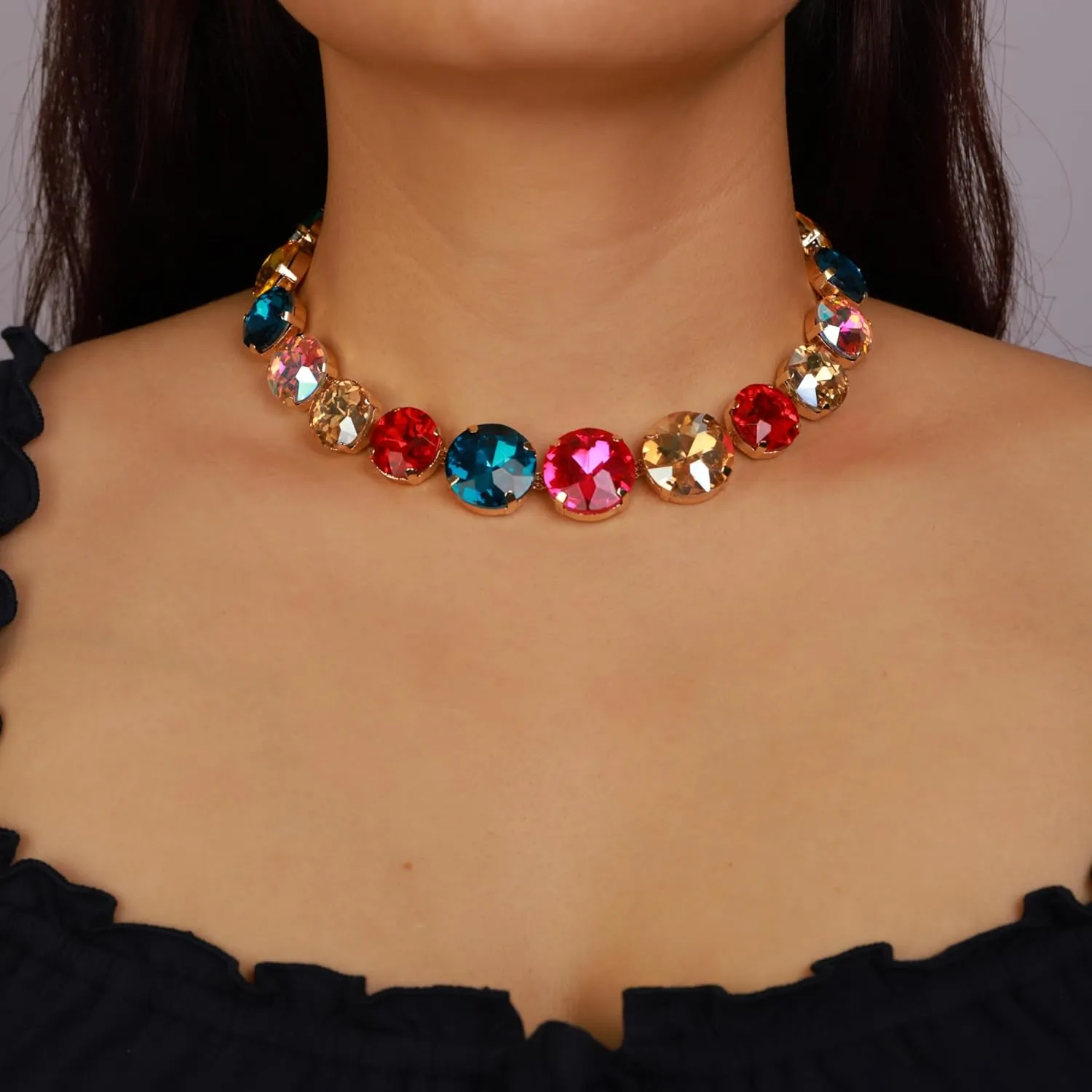 YERTTER Sparkle Full Rhinestone Choker Round Crystal Chain Necklace Earrings Set Crystal Statement Collar Clavicle Choker Necklace for Wedding Women