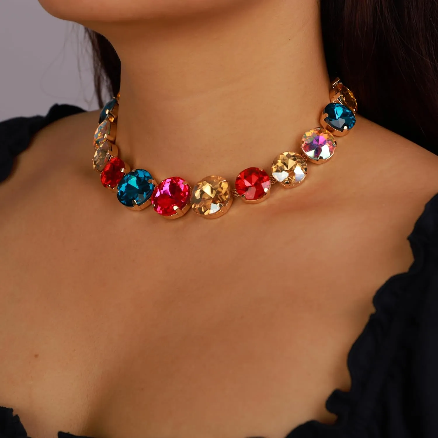 YERTTER Sparkle Full Rhinestone Choker Round Crystal Chain Necklace Earrings Set Crystal Statement Collar Clavicle Choker Necklace for Wedding Women