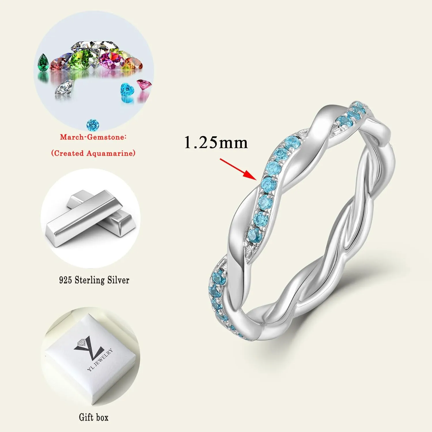 YL Twisted Rope Rings 925 Sterling Silver Stackable Ring 1.25mm Birthstone Eternity Band for Women