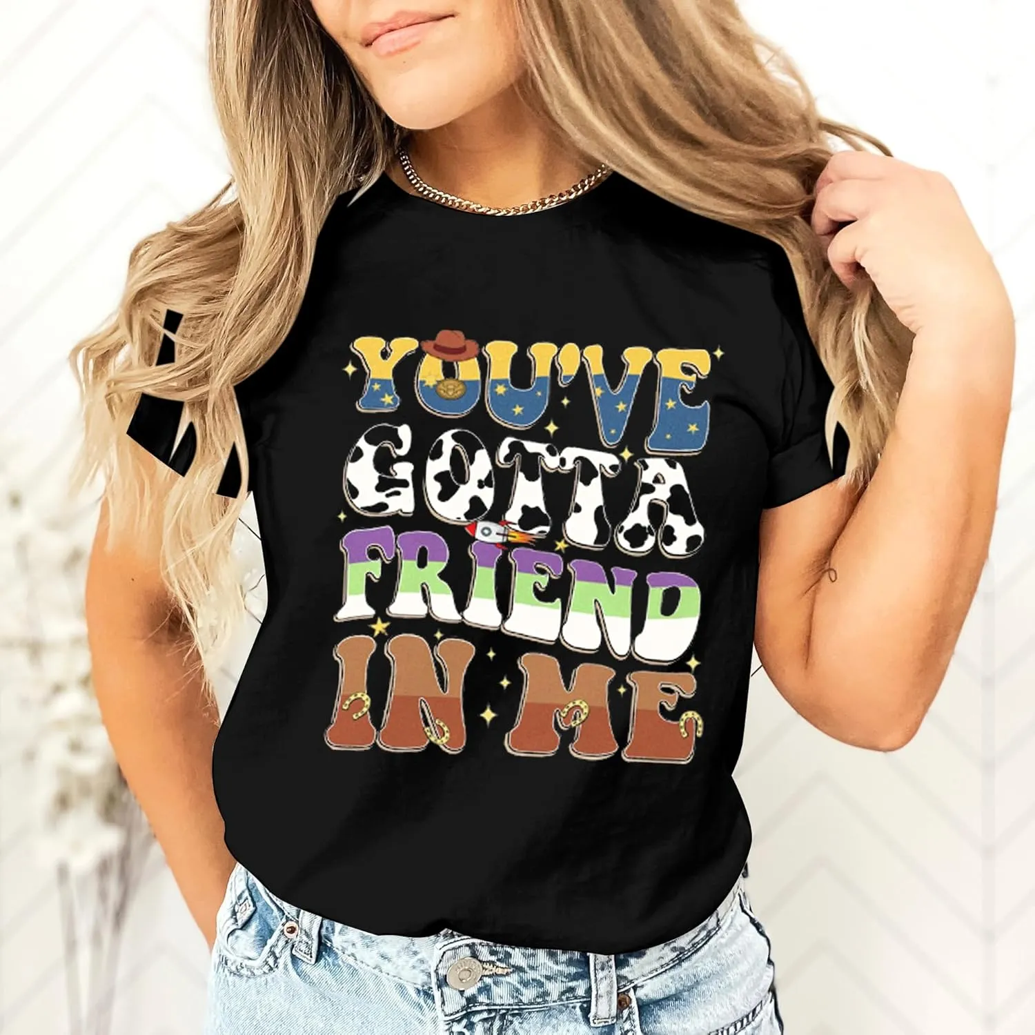 You've Got A Friend in Me Shirt Women Funny Letter Print Friends Tops Cute Vacation Holiday Short Sleeve Graphic Tees