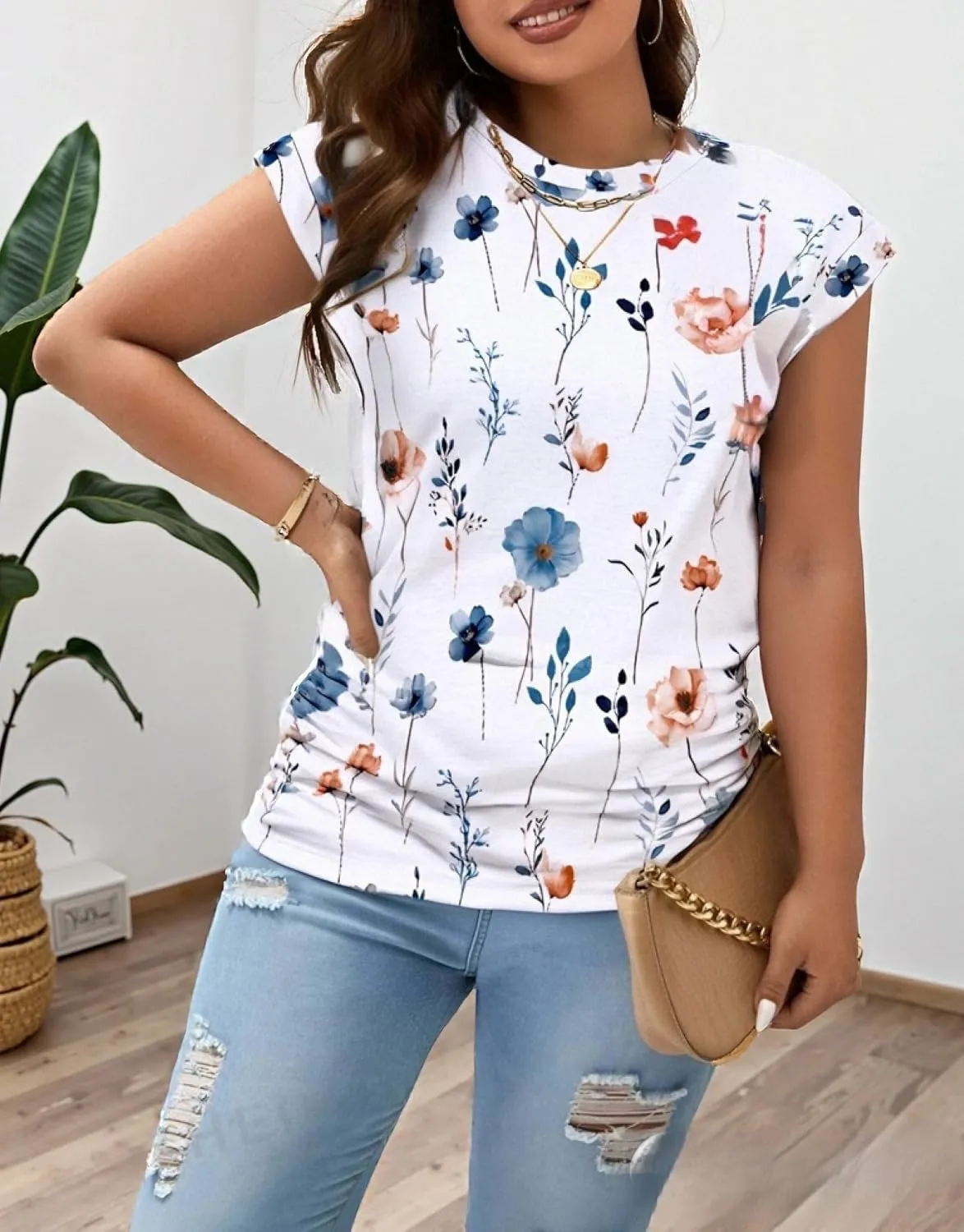 Zeagoo Womens Summer Tops Ruched Cap Short Sleeve Tshirts Shirts Crew Neck T Shirts Trendy 2025 Fashion S-XXXL
