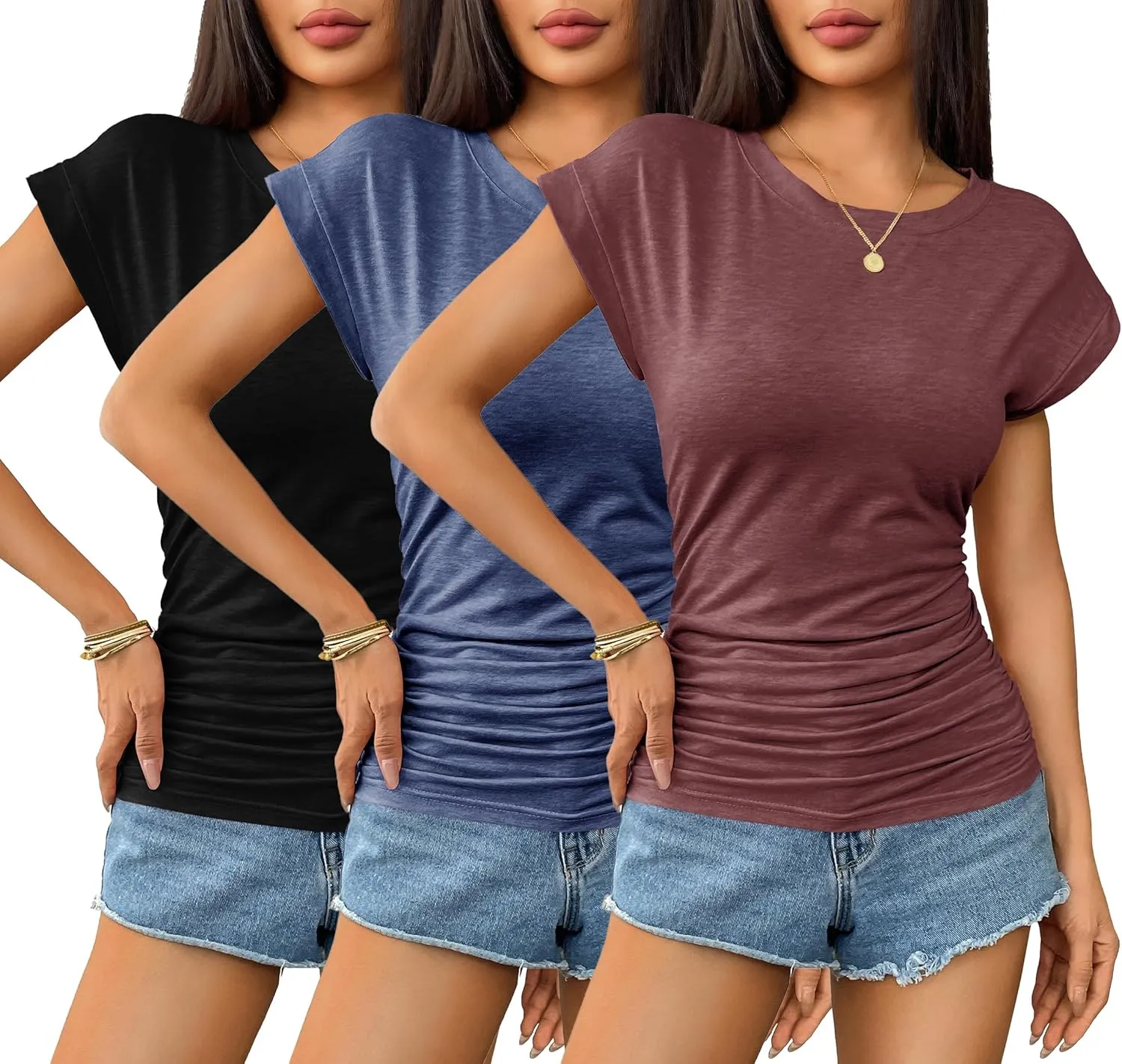Zeagoo Womens Summer Tops Ruched Cap Short Sleeve Tshirts Shirts Crew Neck T Shirts Trendy 2025 Fashion S-XXXL
