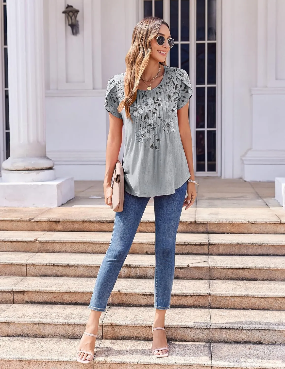 Zeagoo Womens Tops Petal Short Sleeve Summer Casual Crew Neck Shirts Floral Solid Blouse Pleated Tunics