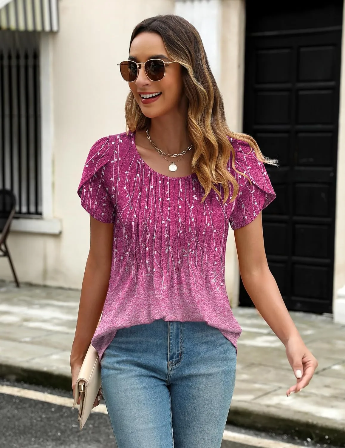 Zeagoo Womens Tops Petal Short Sleeve Summer Casual Crew Neck Shirts Floral Solid Blouse Pleated Tunics