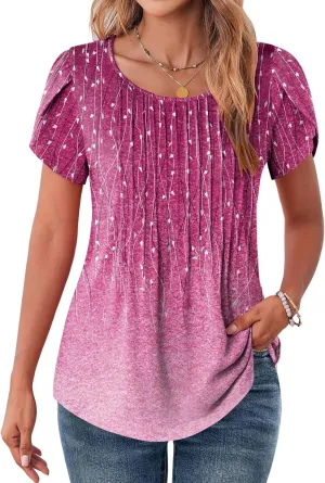 Zeagoo Womens Tops Petal Short Sleeve Summer Casual Crew Neck Shirts Floral Solid Blouse Pleated Tunics