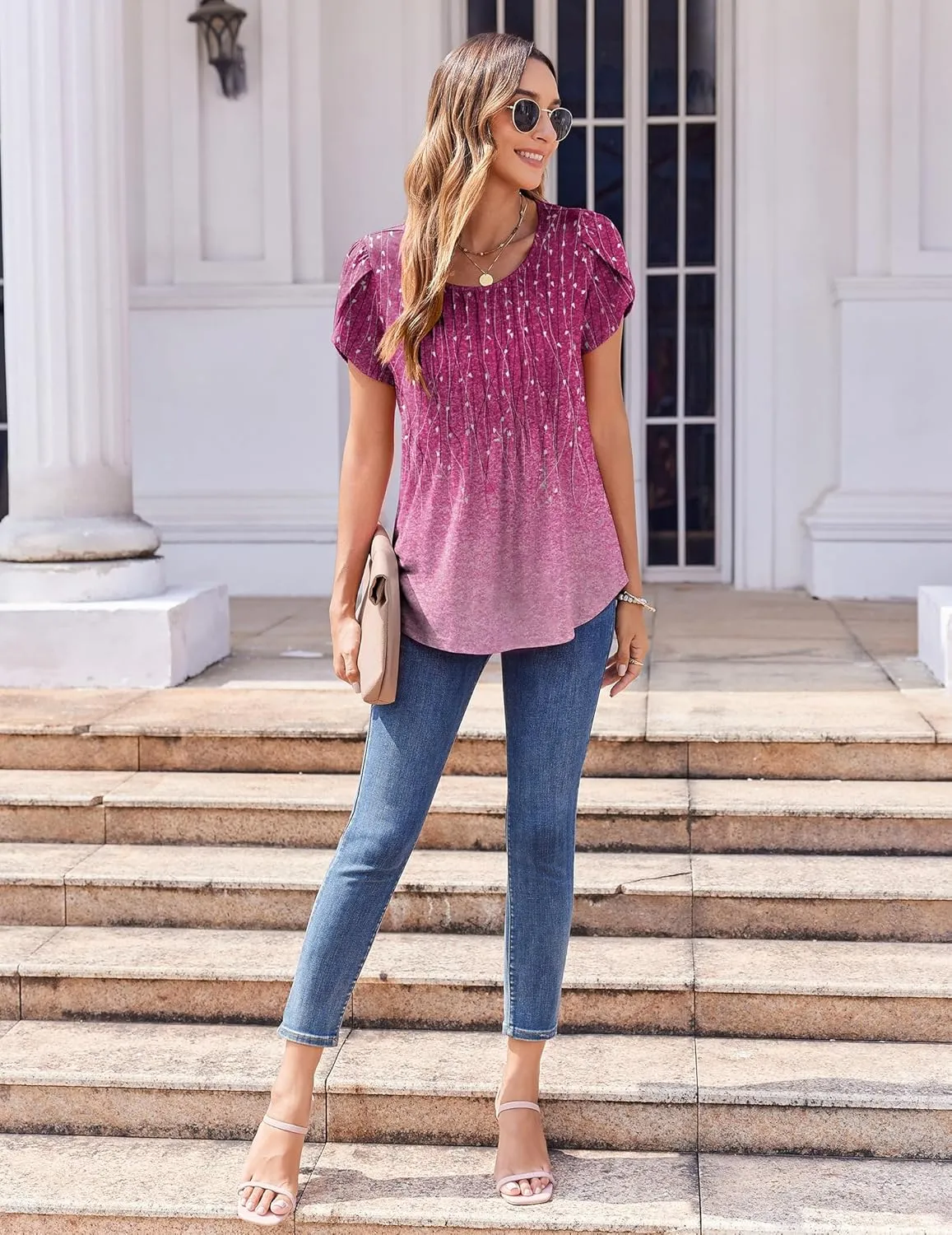 Zeagoo Womens Tops Petal Short Sleeve Summer Casual Crew Neck Shirts Floral Solid Blouse Pleated Tunics