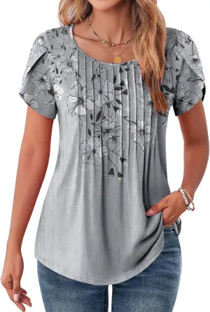 Zeagoo Womens Tops Petal Short Sleeve Summer Casual Crew Neck Shirts Floral Solid Blouse Pleated Tunics