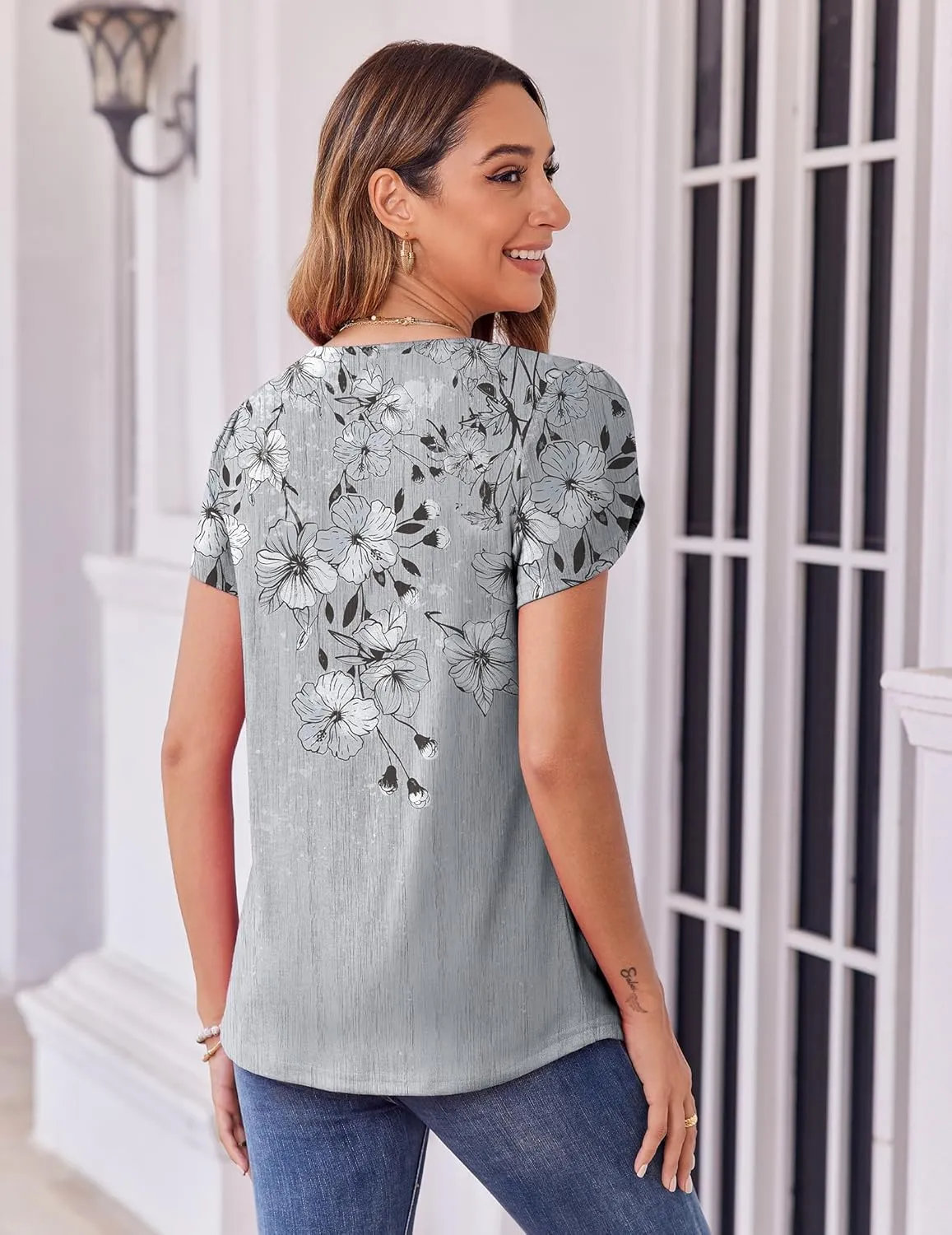 Zeagoo Womens Tops Petal Short Sleeve Summer Casual Crew Neck Shirts Floral Solid Blouse Pleated Tunics